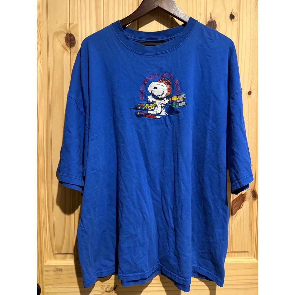 Vintage Peanuts Snoopy Flying Ace Books Embroidered Blue T-Shirt XXL